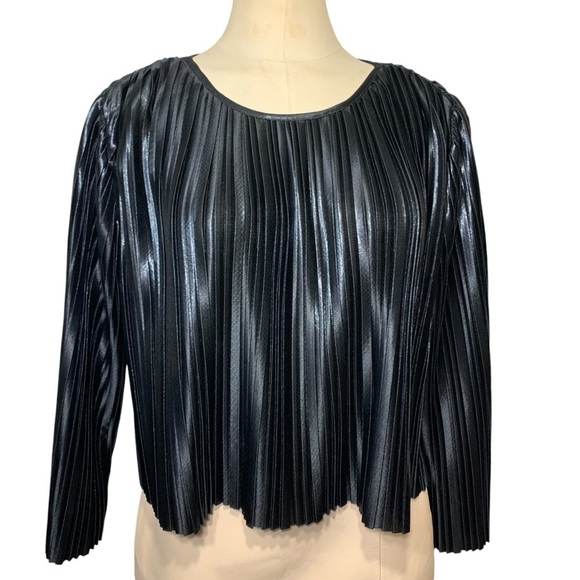 Zara Pleated Crop Top Blouse Shimmery Black Sz S Puff Sleeve Dark Feminine Glam - Picture 2 of 15